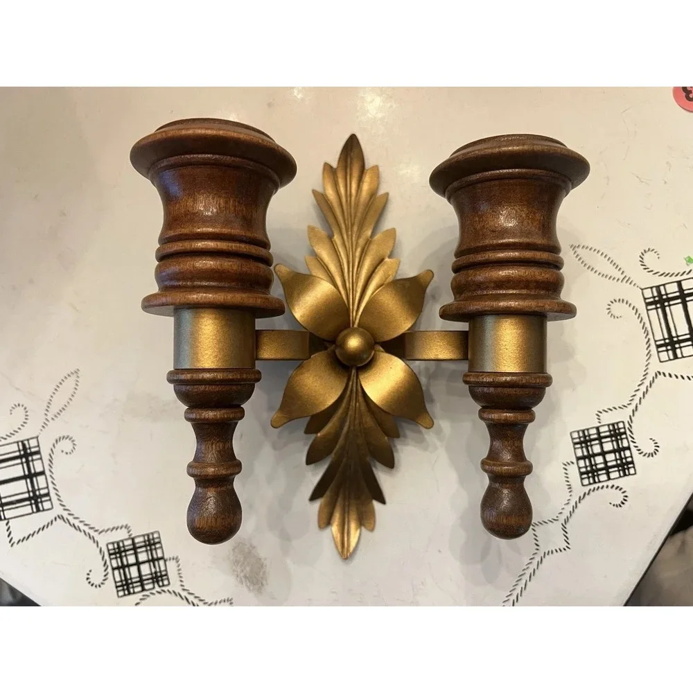 Vintage MCM Homco Double Wall Sconce Wood and Brass Wall Mounted Candelabra